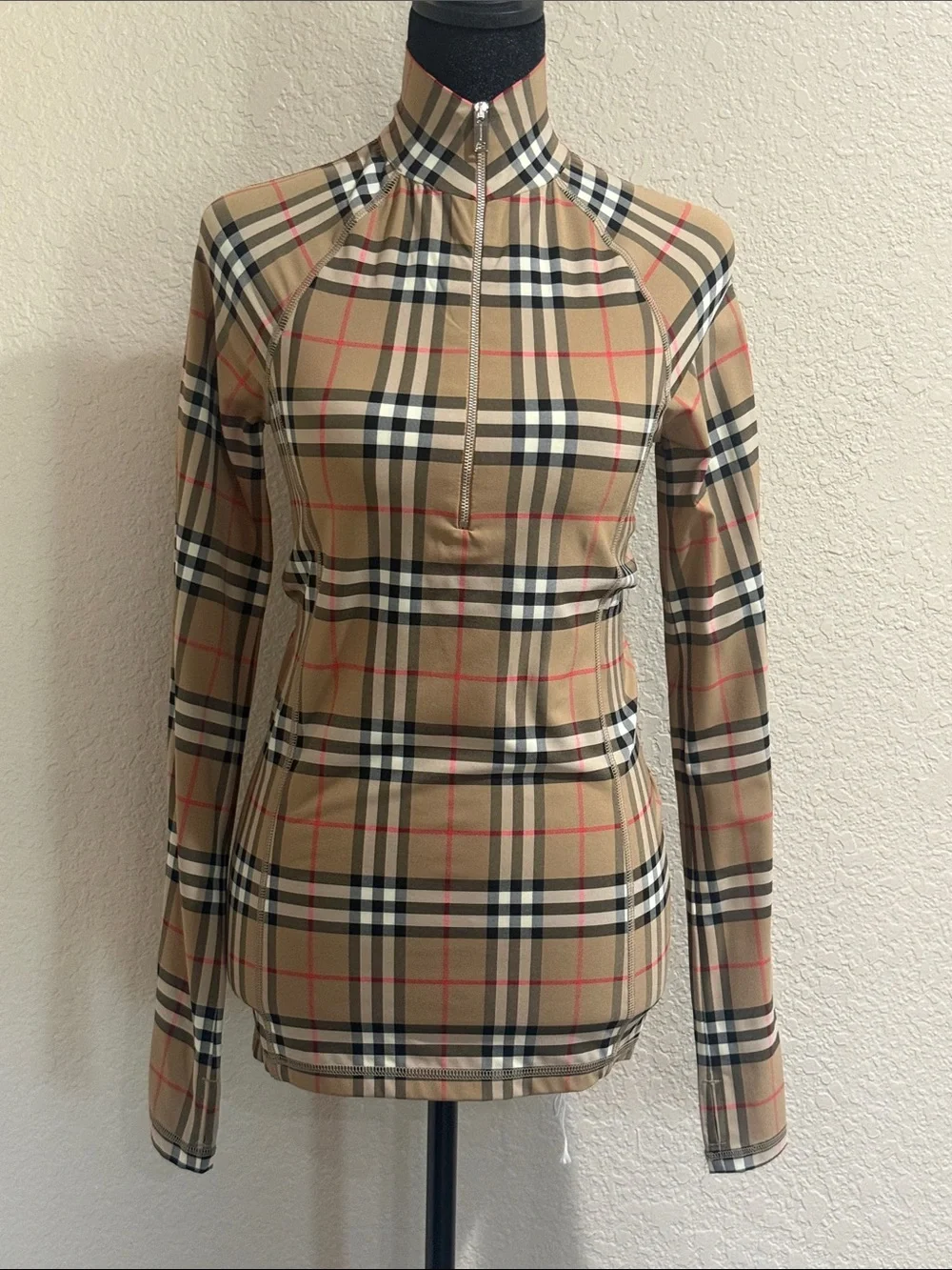 Burberry Beige Vintage Check Zip Neck Top